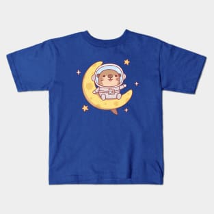 Cute Otter Astronaut Sitting On The Moon Kids T-Shirt